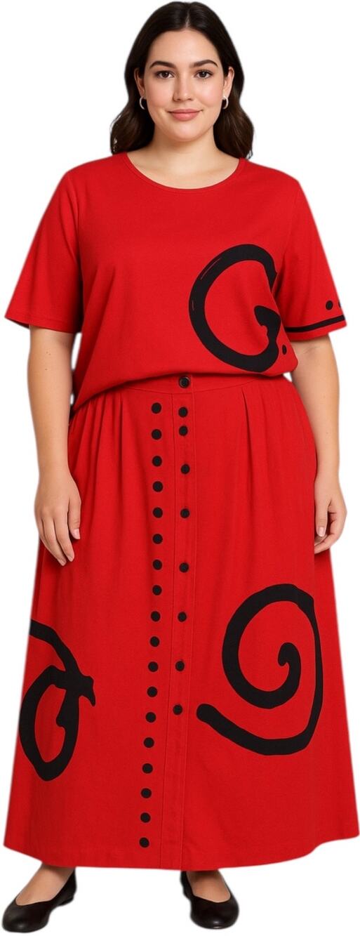 Casien Swinger Bold Red And Black Graphic Blouse & Skirt Set, Size Medium